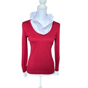 Nine West red sweater with white ruffle collar and cuffs size Small